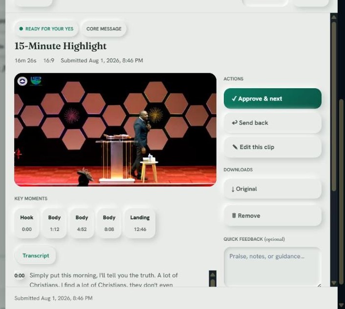 An approval card: preview, key moments, Approve and Send back actions