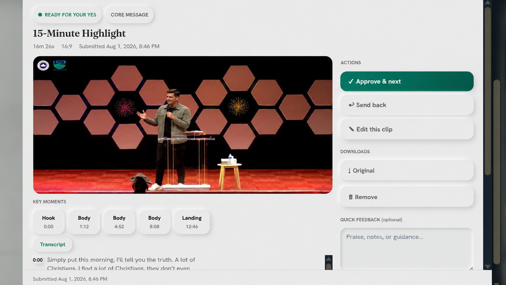 An approval card: preview, key moments, Approve and Send back actions
