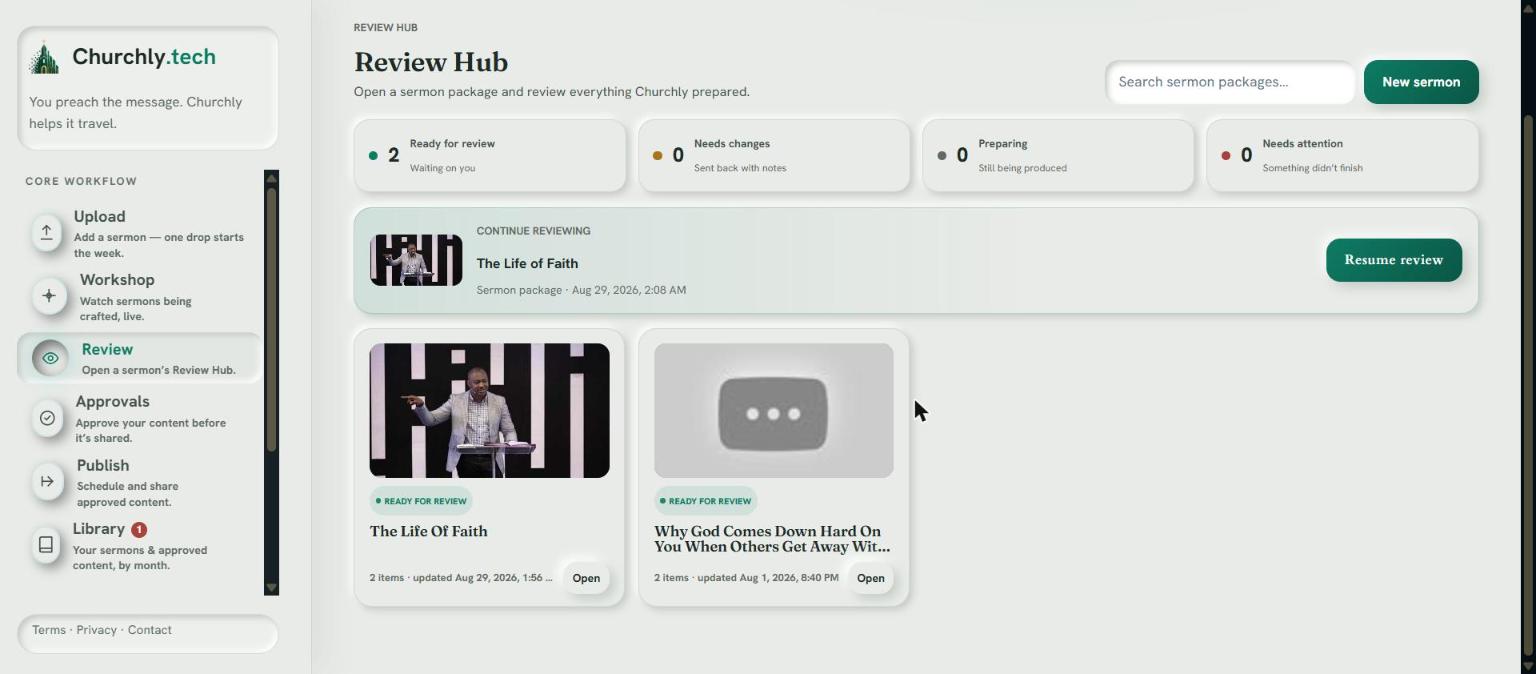 The Churchly Review Hub, showing a week of sermon content ready for review