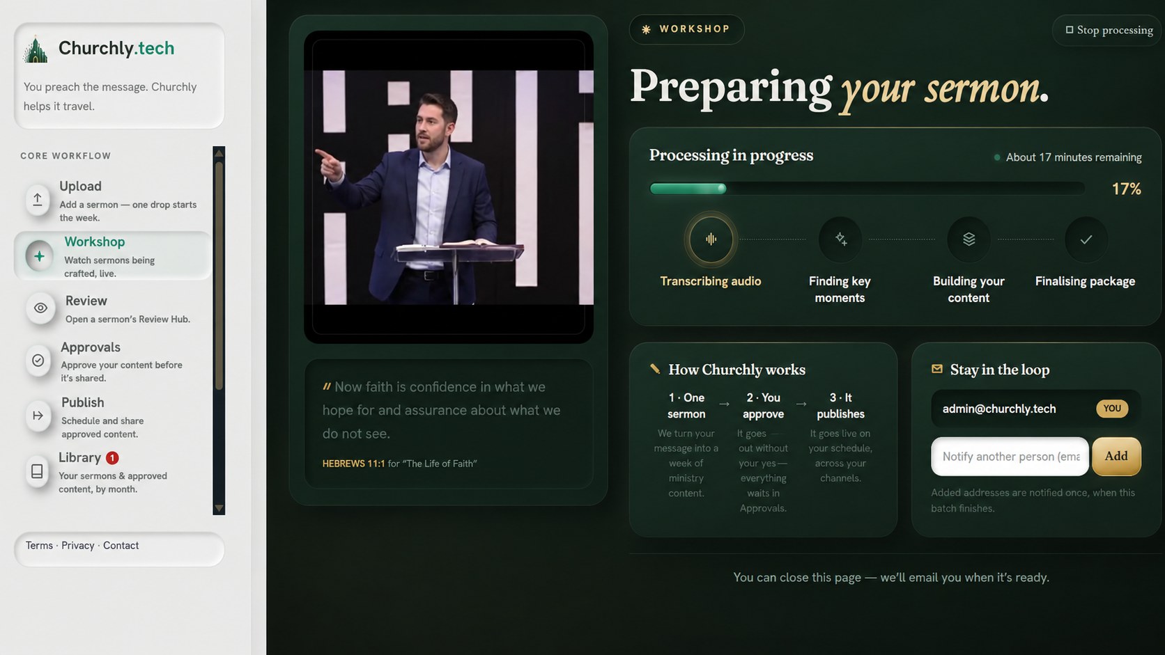 Sermon Studio preparing a sermon — transcribing, finding key moments, building content