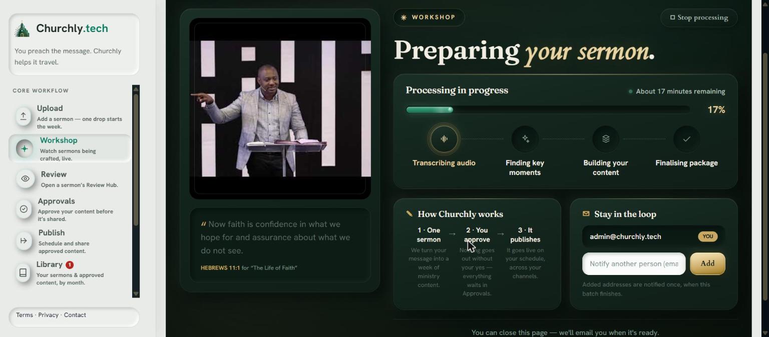 Churchly preparing a sermon — transcribing, finding key moments, building content