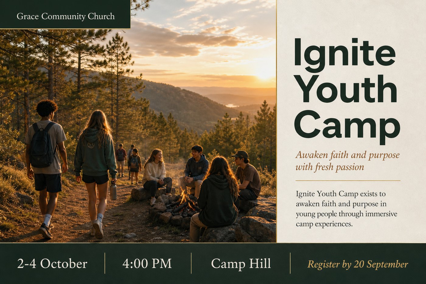 A designed flyer for Ignite Youth Camp, in the church's brand, with the date, time, venue and registration deadline