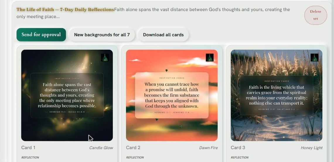 Three finished branded inspiration cards with editable reflections