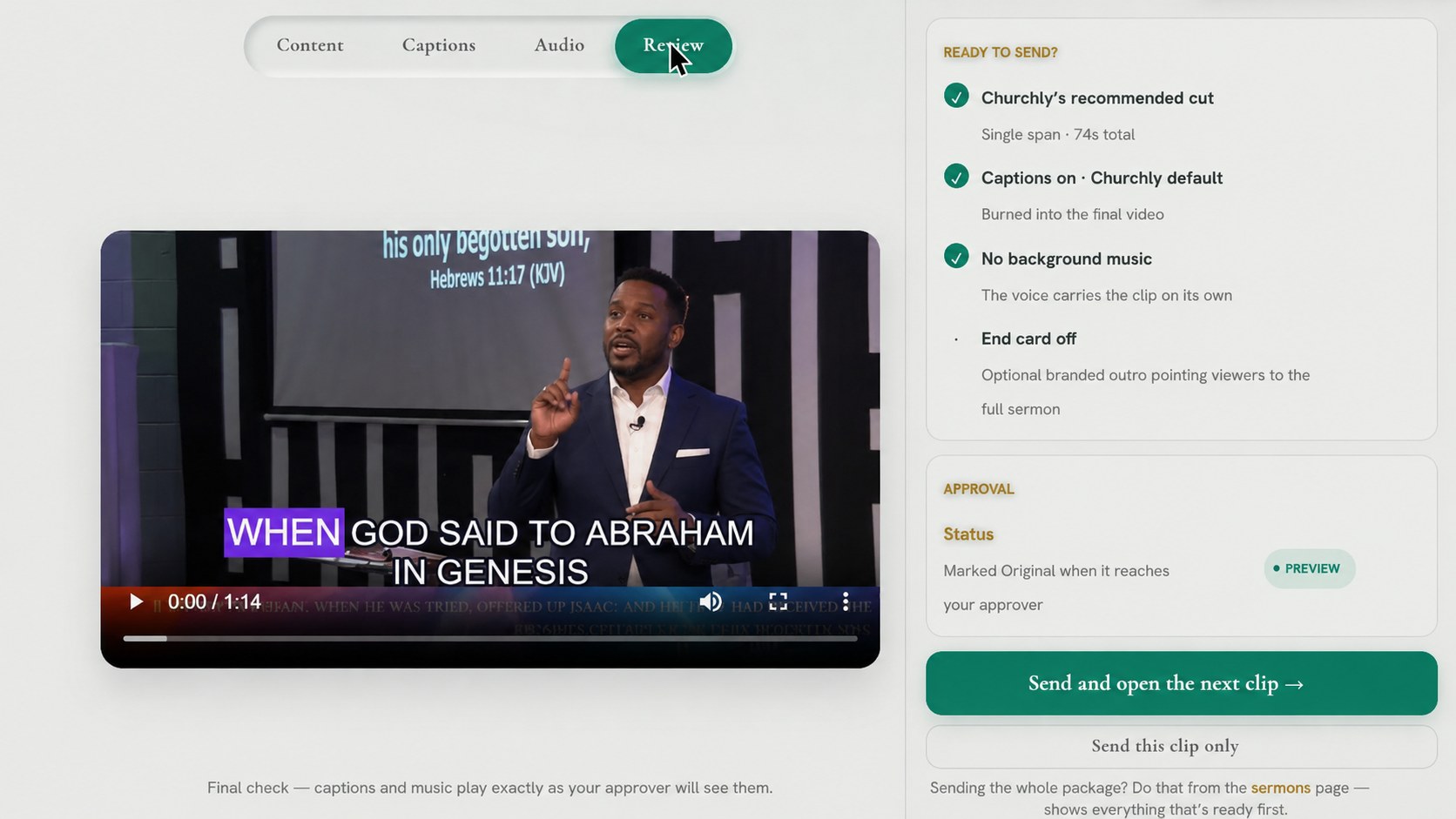A finished sermon clip with burned-in subtitles in the Churchly editor