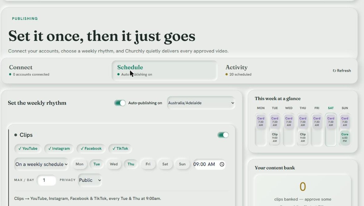 The weekly publishing rhythm with day and time controls