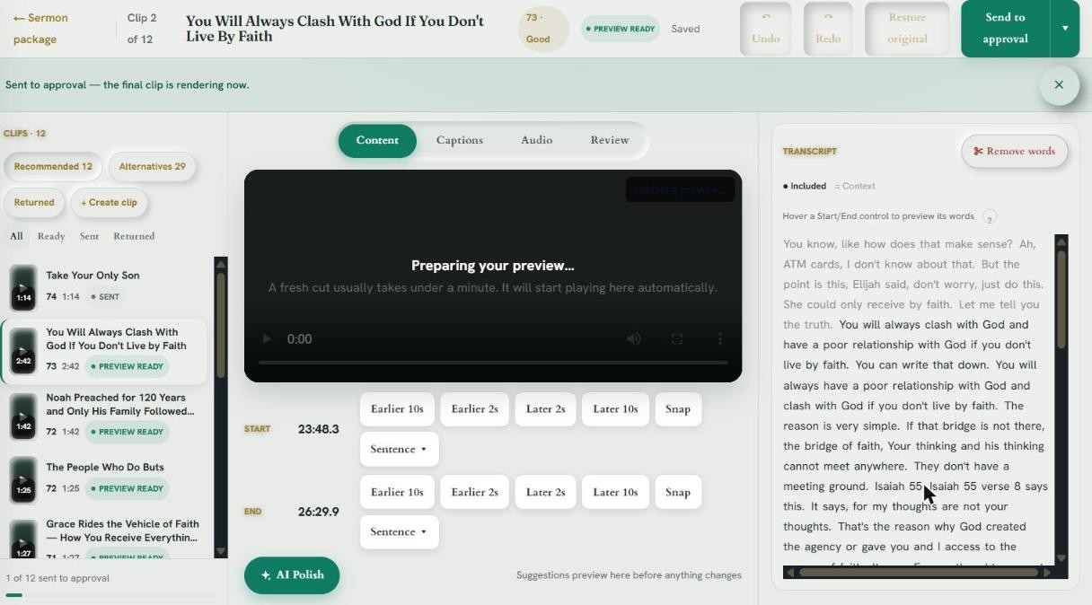 Reviewing a clip: player, transcript and trim controls