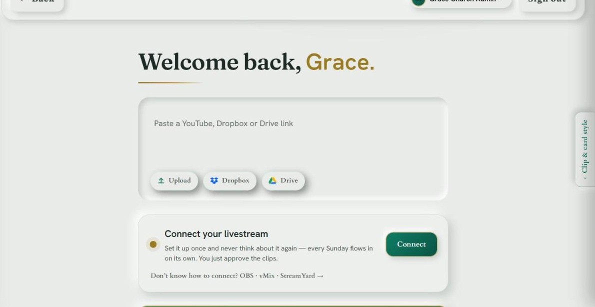 The Churchly upload drop zone with Drive and Dropbox options